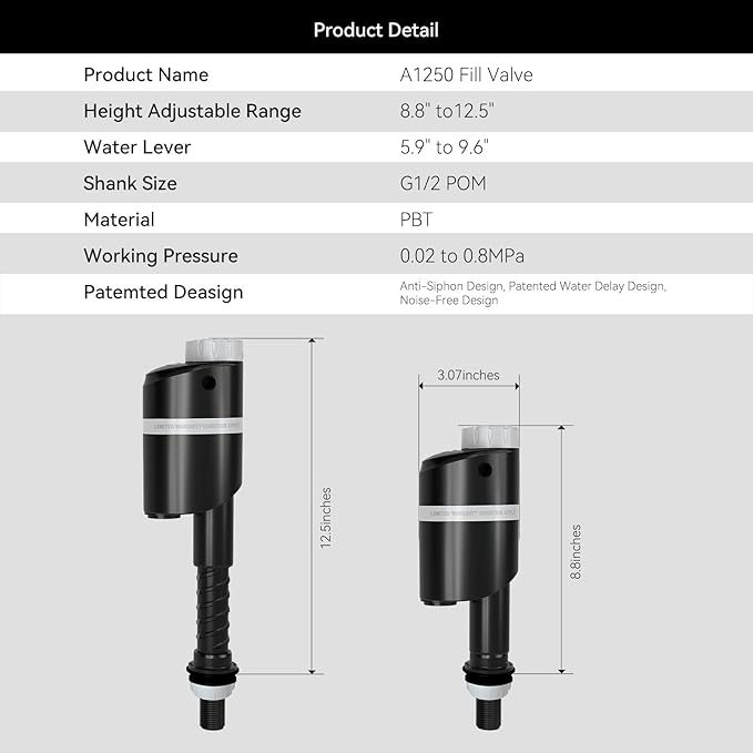 R&T A1350 Quiet Toilet Fill Valve Toilet Universal Tank Parts Replacement, Water Saving Toilet Repair Kit