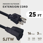 25ft Outdoor Extension Cord for Christmas Decorations - 16/3 Heavy Duty SJTW Waterproof Black Electrical Cable with 3 Prong Grounded Plug for Safety, Great for Lawn and Major Appliances