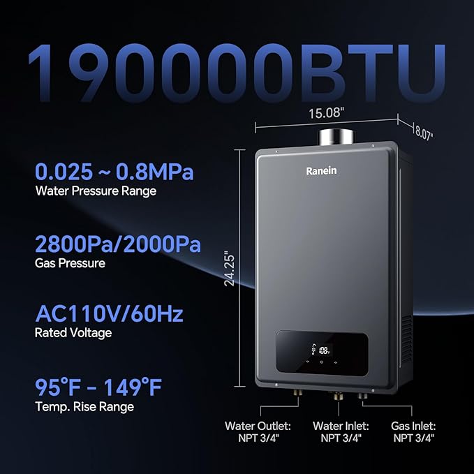 Ranein Natural Gas Tankless Water Heater, Indoor Max 7.4 GPM, 190,000 BTU Instant Hot Water Heater