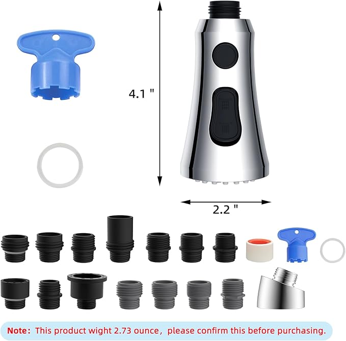 Hibbent Pull Down Kitchen Faucet Head Replacement, 3-Function NSF/ANSI/CAN 61 & CUPC Certified Sink Spray Nozzle, 15 Adapters, Compatible with Moen, Delta, Kohler Faucets, Chrome (Shiny Silver)
