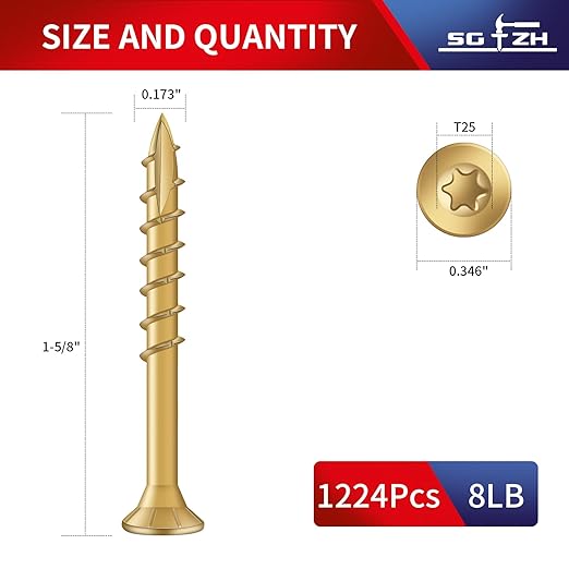 #8 x 1-5/8" Deck Screws (1224Pcs) 8lb. Exterior Wood Screws. Carbon Steel, Tan, Flat Head, Rust Resistant epoxy Coated, with T25 Star Bit