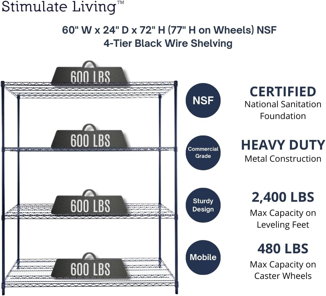 60"x24"x72" PRIME HEAVY DUTY Black 4-Tier Wire Shelving NSF 2400 LBS MAX Capacity Storage Rack for Commercial, School, Home, Garage, Warehouse, Industrial, and Hospital Uses (with Wheels)