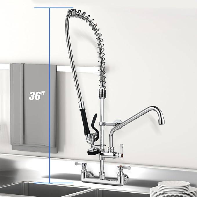 Commercial Sink Faucet with Sprayer 36" Height 8" Adjustable Center, Commercial Wall Mount Kitchen Sink Faucet with Pre-Rinse Sprayer and 12" Swing Spout for Restaurant Industrial