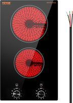 VEVOR Electric Ceramic Cooktop, Built-in Electric Stove Top, with Glass Panel, Knob Control, 11 Heat Levels, for Diverse Cooking Requirements (12inch-2burners/220V)