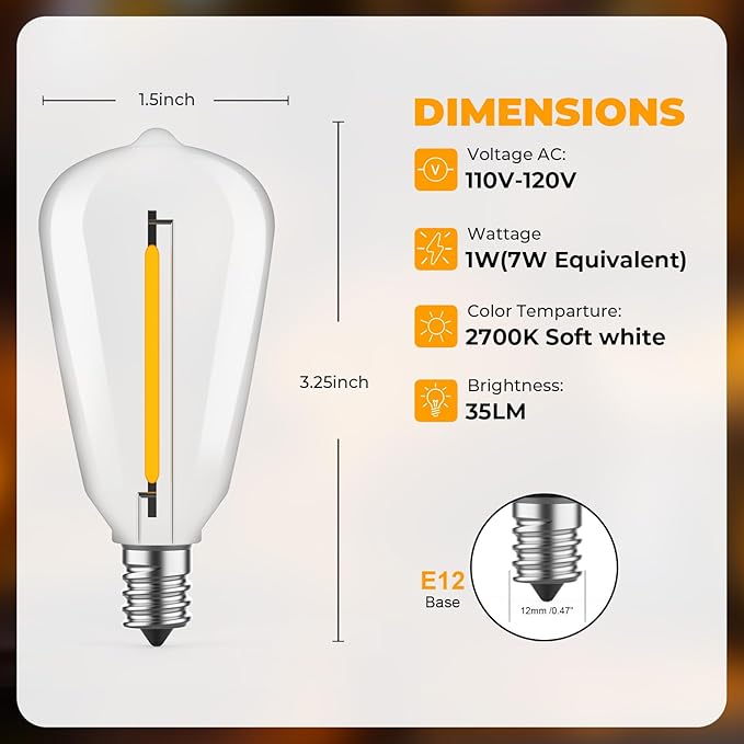 48 Pack ST38 LED Replacement String Light Bulbs, 1Watt Equvanlent to 7Watt Incandescant Bulb, Shatterproof E12 LED Bulb for Outdoor Patio Garden Vintage String Lights, 2700K, Dimmable