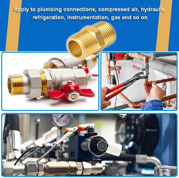 4PCS Hex Nipple 3/8"NPT x 3/8" NPT Male Solid Brass Pipe Fitting, 3/8 inch Brass nipple Male Threaded Pipe Adapter Fittings Equal Nipples Connectors Couplings