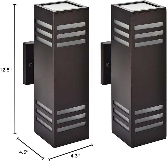 wowlite Outdoor Wall Lights Dusk to Dawn 2 Pack, Modern Porch Lights Outdoor Wall Sconce Square, Bronze Up and Down Lights, Waterproof Exterior Light Fixture for House Garage Patio, ETL Listed