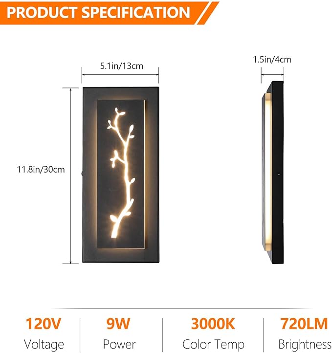 tewei LED Outdoor Wall Sconce, 15.7'' Black Outdoor Front Porch Lights Modern Exterior Lighting Fixtures, LED Exterior Wall Sconce for House, Hallway, Warm White 3000K, 2 Pack