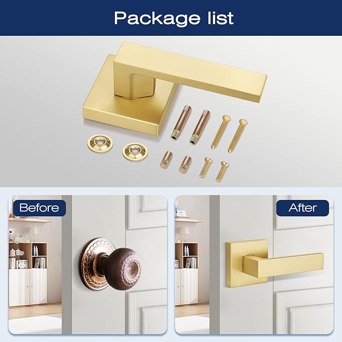 EHOMEWARE Gold Dummy Door Knob Interior Door Handles, Heavy Duty Levers for Closet, Non-Turning Reversible Levers for Left Right Handed Doors, Contractor Pack of 6