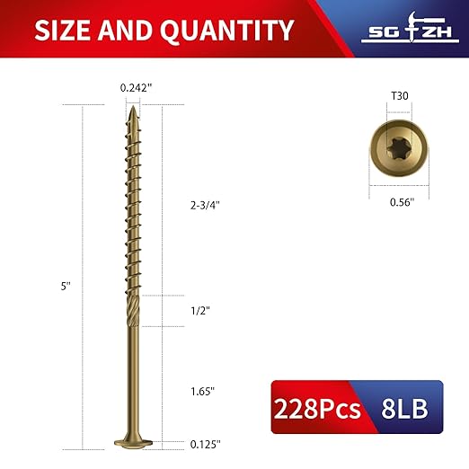 #14 x 5 Inch Lag Screws (228Pcs) 8lb. Structural Wood Screw, Bronze, Carbon Steel, Washer Head, Rust Resistant epoxy Coated, T30 Star Bit