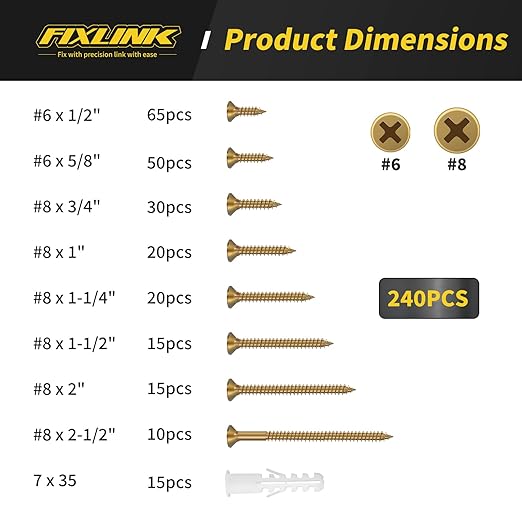 Wood Screws Assortment Kit, FIXLINK 240 PCS High Hardness Flat Head Wood Screws Set, Phillips Drive Assorted Screws, Contain Anchors and 8 Size (2-1/2”,2”,1-1/2”,1-1/4”,1”,3/4”,5/8”,1/2”), Yellow Zinc