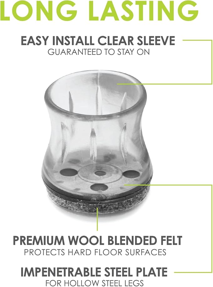 Slipstick GorillaFelt Chair Leg Floor Protectors for Hardwood Floors, Clear Sleeve Felt Pads for Furniture That Stay On, Fits Round & Square Legs, Includes 8 Premium Transparent Chair Socks, CB182