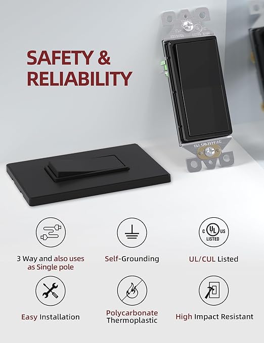 AIDA 3 Way Decorative Light Switch Wall Plate, Electric Switches,15Amp, 120/277 Volt, 3 Way Rocker Switch, Self-Grounding, Residential and Commercial Grade, UL Listed (50, Matte Black)