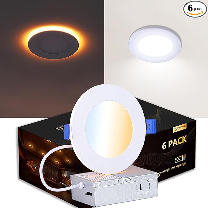 CycevSun Recessed Lighting 4 Inch with Night Light, Dimmable 5CCT Canless Ultra Thin Wafer Downlight Soffit with Junction Box, 9W, ETL & Energy Star, 6 Pack