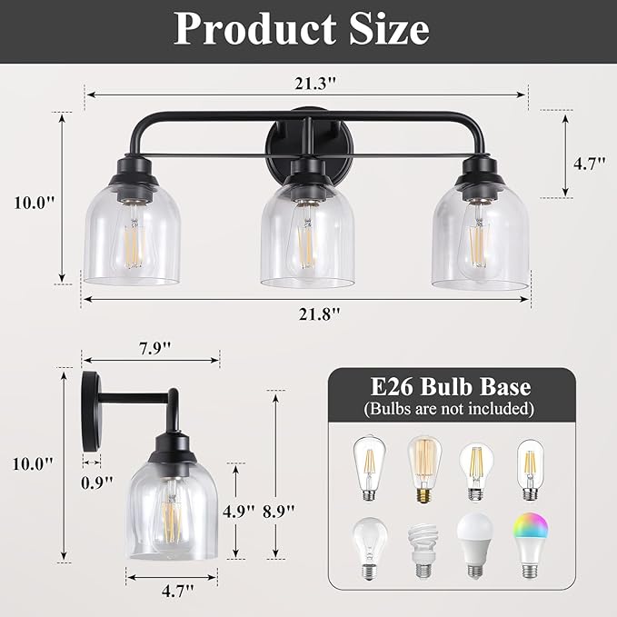 3 Light Matte Black Vanity Lights for Bathroom, Bathroom Light Fixtures Over Mirror with Clear Glass Shade, Ceramic E26 Sockets Wall Mounted