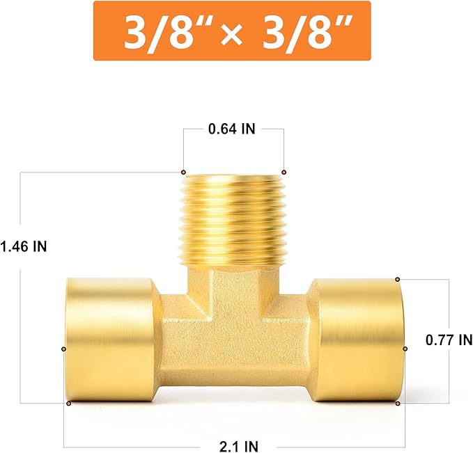 GASHER 2PCS Metals Brass Pipe Fitting Barstock Male Branch Tee T Adapter 3/8" Female x 3/8" NPT Female x 3/8" NPT Male