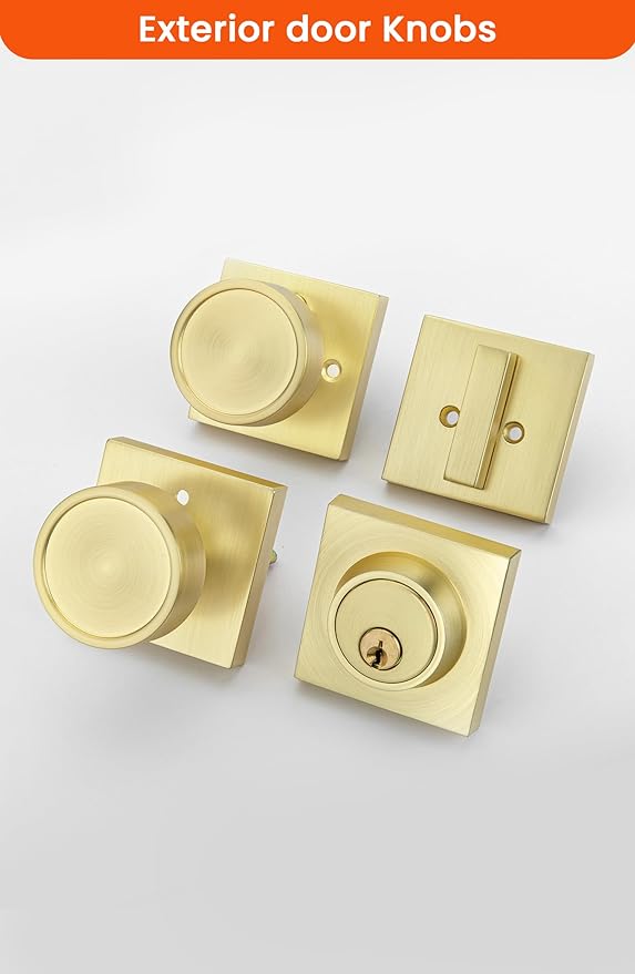 Haidms Brushed Gold Door Knob with Deadbolt, Zinc-Alloy Gold Exterior Door Knobs, Heavy Duty Brass Front Door Knob and Deadbolt Set(2 Pack)
