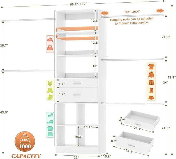 Closet System, 4-8 FT Closet Organizer Tower with 2 Wooden Drawers and Shelves, Can Fit 60 to 96 inch Walk-in Closet System with 5 Hanging Rods, Built-in, White