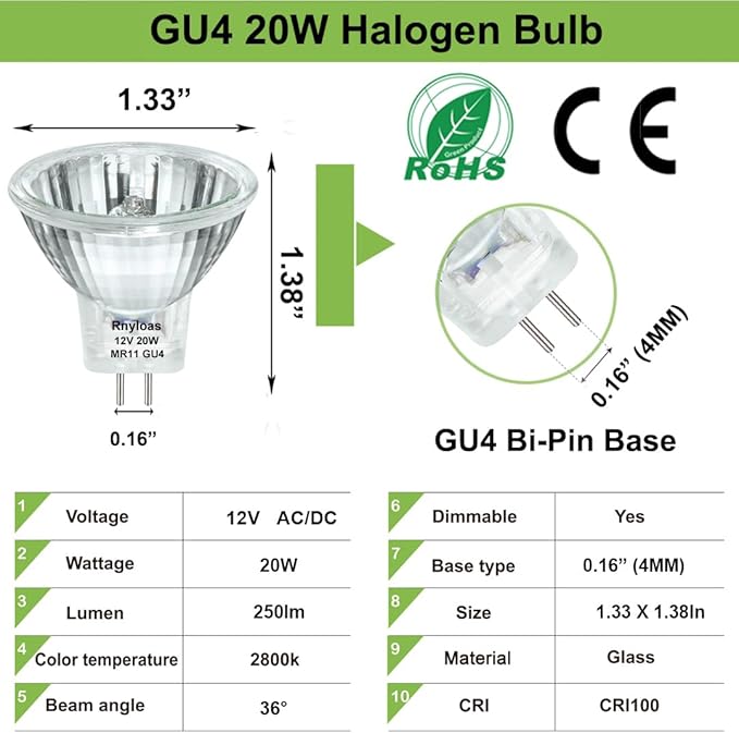 GU4 Halogen 20W, 6 Pack GU4 Base MR11 12V 20W, Long Lasting GU 4 MR11 Dimmable with Glass Cover, MR 11 Warm White 2800K Fiber Optic Light Bulb, MR 11 Bulb with GU 4 /GZ4 Bi Pin Base