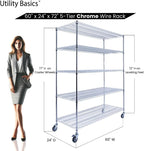 60"x24"x72" Chrome 5-Tier PREMIUM Wire Shelving NSF 4000 LBS MAX CAPACITY Heavy Duty Steel Storage Rack for Warehouses, Garages, Hospitals, Commercial Spaces, & Schools w/PREMIUM WHEELS