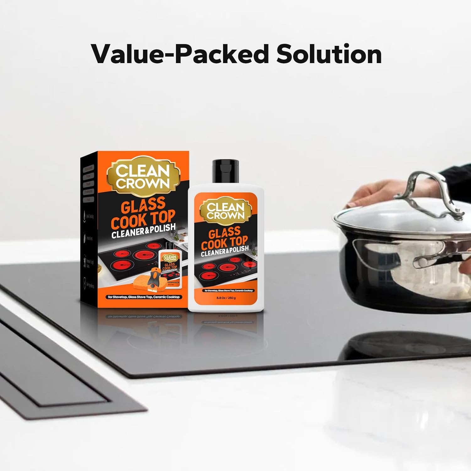 3-in-1 Cooktop Cleaner Kit (8.8 Oz Cooktop Cleaner + Scrubbing Pad + Scraper), Stovetop Cleaner for Electric Top Stoves, Ceramic Cooktops & Fireplace Glass, Remove Burned on Food, Grease