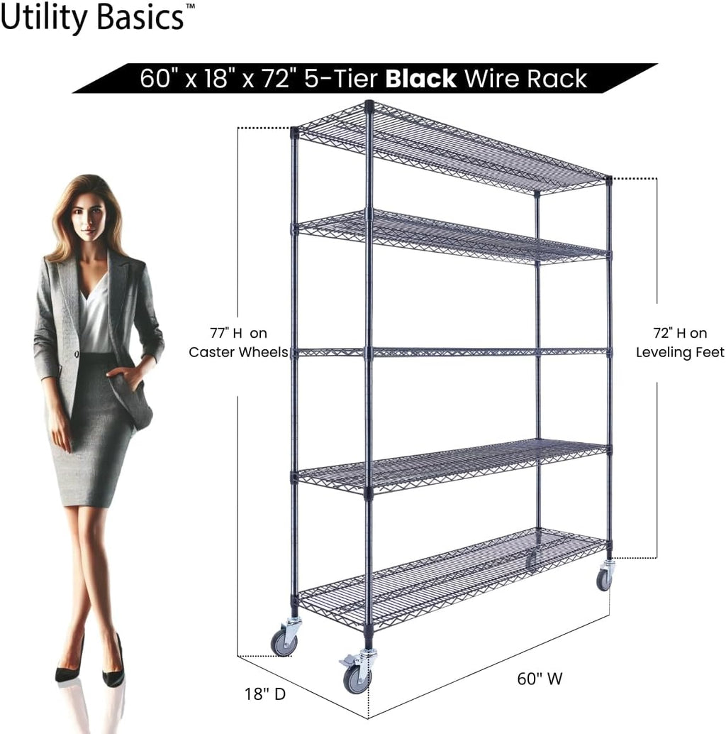 60"x18"x72" Black 5-Tier Premium Wire Shelving NSF 4000 LBS MAX Capacity Heavy Duty Steel Storage Rack for Warehouses, Garages, Hospitals, Commercial Spaces, & Schools w/Premium Wheels