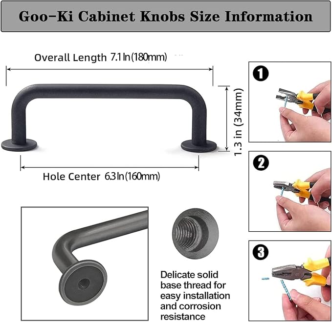 Goo-Ki 6 Pack Matte Black Cabinet Handles, 6.3 Inch(160mm) c-c Solid Drawer Pulls Bar Pull Modern Kitchen Hardware for Dresser Wardrobe Cupboard Bathroom, 9338MB-160