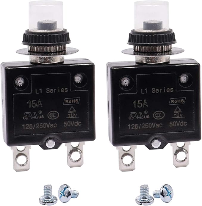 mxuteuk 2Pcs 15Amp Circuit Breakers Push Button Manual Reset 125/250V AC 50V DC, L1 Series Overload Protector Switch Thermal Circuit Breakers with Waterproof Button Caps L1-ls-15A