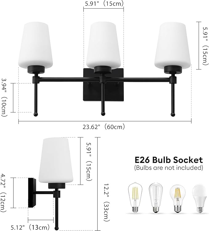 Bathroom Vanity Light Fixtures Brushed Black Over Mirror with Milk Glass Shade Wall Sconce Lighting Lamp Bath 3-Lights (Exclude E26 Bulb)