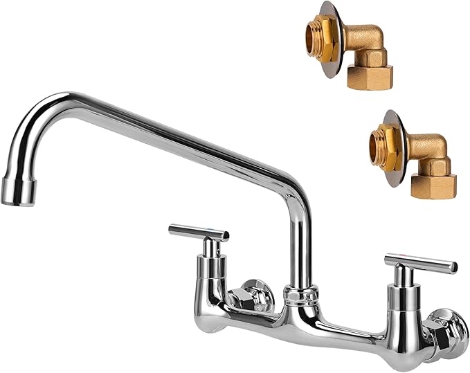 8" Center Wall Mount Kitchen Faucet with 12" Swivel Spout, 2 Handle Commercial Restaurant Sink Faucet for Compartment Sink & Home Kitchen Sink, Chrome Finish