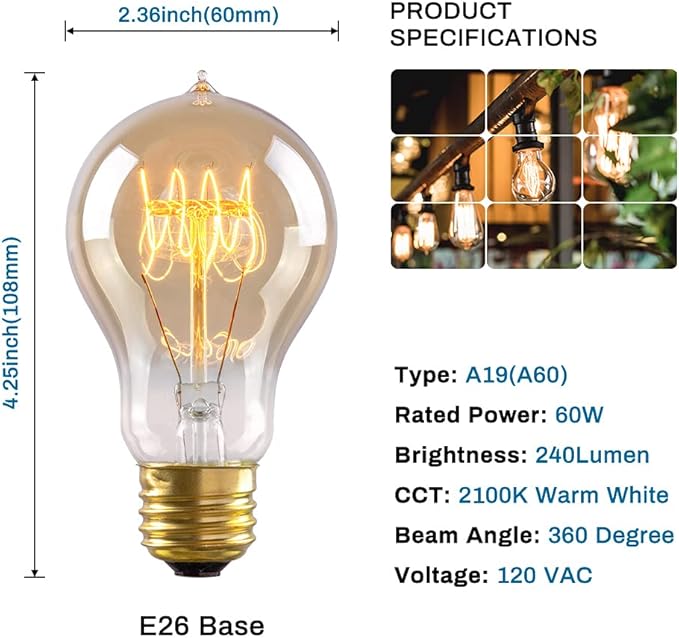 Warm Edison Light Bulbs, 60 Watt A19 Vintage Incandescent Light Bulbs, Dimmable Yellow Old Fashioned Amber Light Bulbs, 2100K Warm White, E26 Base, 6 Pack