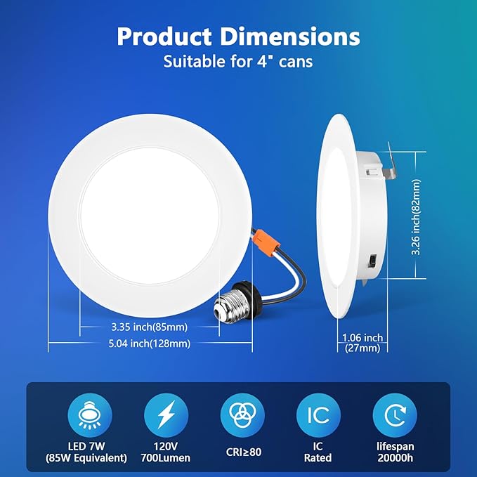 LVWIT 4 Inch LED Recessed Light, Recessed Can Lights Color Selectable 2700/3000/4000/5000/6000K 5CCT, 7W 700LM, Dimmable Led Can Lights with E26 Conversion Kit,Suitable for 4inch Can,24 Pack