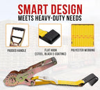 Mytee Products 4" x30' Self-Tensioning Ratchet Tie Down Straps with Flat Hooks - 5,400 Lbs WLL - Heavy Duty Tie Down Ratchet Straps for Flatbed, Truck, Trailers, Cargo, Pickup - Yellow