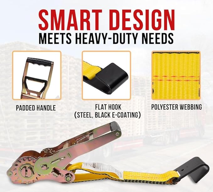 Mytee Products 8 Pack 4" x30' Self-Tensioning Ratchet Tie Down Straps with Flat Hooks - 5,400 Lbs WLL - Heavy Duty Tie Down Ratchet Straps for Flatbed, Truck, Trailers, Cargo, Pickup - Yellow