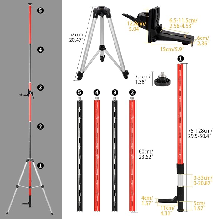 MOETER Laser Pole, 12FT/3.7M Adjustable Laser Level Pole with Tripod and 1/4''-20 Mount for Rotary and Line Rotary Lasers, Telescoping Laser Level Tripod with 5/8"-11 Thread Adapter