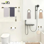 TQKAG 8-Pieces Bathroom Hardware Set Black and Gold SUS304 Stainless Steel Bath Towel Bar Set 23.6 Inch Round Bathroom Accessories Kit Wall Mounted