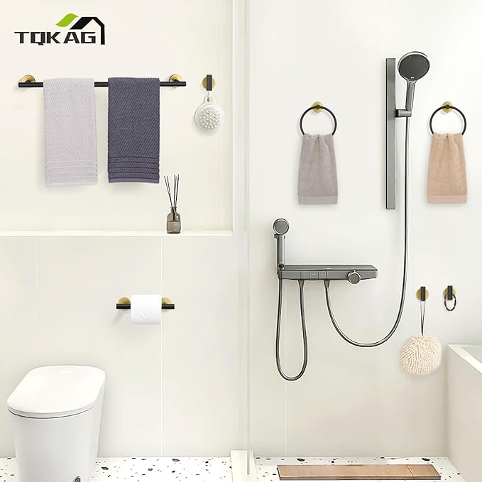 TQKAG 8-Pieces Bathroom Hardware Set Black and Gold SUS304 Stainless Steel Bath Towel Bar Set 23.6 Inch Round Bathroom Accessories Kit Wall Mounted