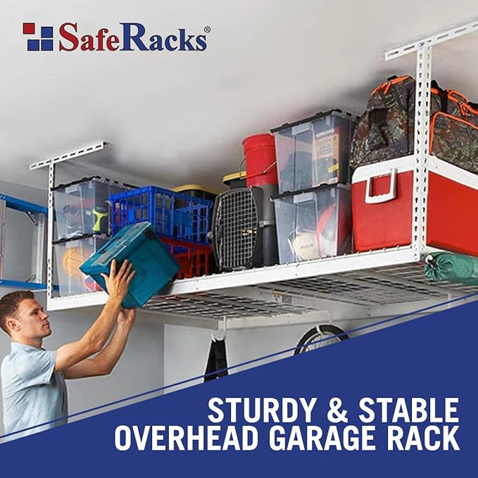 SafeRacks Overhead Garage Storage Rack, Heavy Duty Racks for Garage w/ 600 lb Capacity, Easy Garage Storage Adjustable Storage Rack Ceiling Mount Storage for Garage 4x8 White, 24"-45" (2 Pack)