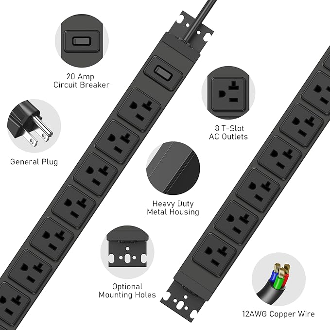 JUNNUJ Heavy Duty Power Strip Wall Mount, 20 Amp Surge Protector 1200J Metal 8 Outlet Under Desk Mounted 20A, Garage Power Table Socket Industrial Outlets 6-20R T-Slot, Black-15FT 12AWG Extension Cord