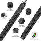 JUNNUJ Heavy Duty Power Strip Wall Mount, 20 Amp Surge Protector 1200J Metal 8 Outlet Under Desk Mounted 20A, Garage Power Table Socket Industrial Outlets 6-20R T-Slot, Black-15FT 12AWG Extension Cord