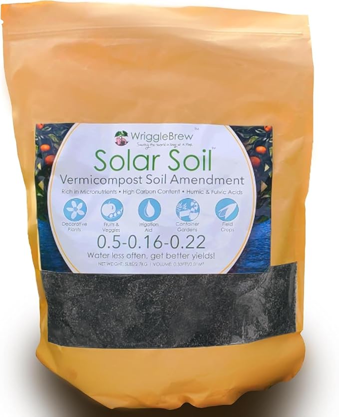 Solar Soil Vermicompost Soil Amendment from Earthworm Castings. All Purpose Plant Food and Dirt Enhancer for Gardens, Vegetables, Fruits, Houseplants. 5lb Bag. Mix with Potting Soil.