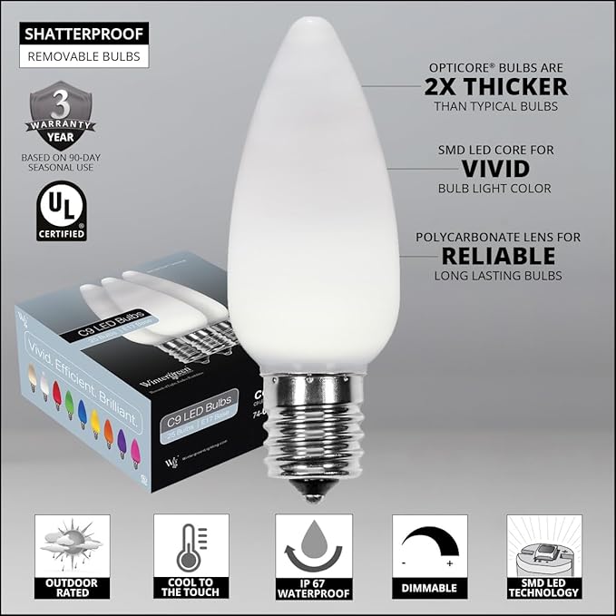 Wintergreen Lighting OptiCore C9 LED Christmas Light Bulbs - 25 Pack Heavy Duty Premium Outdoor Christmas Lights, E17 Base (Cool White Smooth)