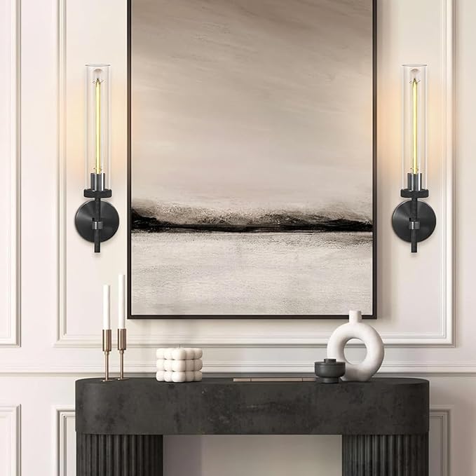 Black Wall Sconces Set of Two, 19" Knurled Black Sconces Wall Lighting, Tube Glass Bathroom Sconces Wall Lights for Bedroom Living Room Vanity Sconce Wall Lamp for Hallway, Staircase