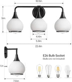 Black Bathroom Light Fixtures 3-Lights Vanity Lights with Milky White Frosted Glass Shade Bathroom Vanity Light 22.4 inch Wall Sconce Lighting Bath(Exclude E26 Bulb)