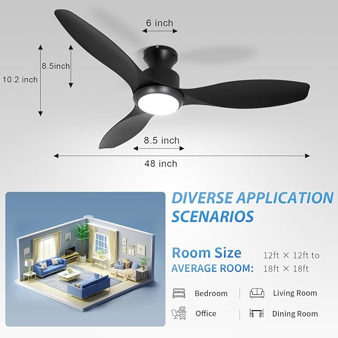48" Ceiling Fan with Light amd Remote, Black Flush Mount Ceiling Fan with 3 Blades,3 Color Light, 6 Speed, Queit DC Motor, for Indoor/Outdoor/Bedroom/Living Room/Patios, Black