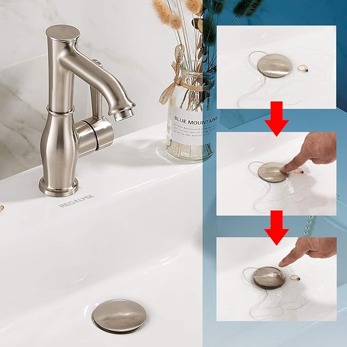 Bathroom Sink Drain Stopper Without Overflow, Pop Up Drain with Detachable Hair Catcher for Lavatory Vanity Vessel Sink, Brushed Nickel 2 Pack, RM082B-P2