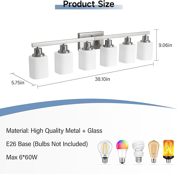 6-Light Bathroom Vanity Light,Brushed Nickel Vanity Lights with Square Frosted Glass,Modern Bathroom Wall Lights Fixtures Over Mirror,Wall Sconces Lighting for Bedroom Living Room,E26