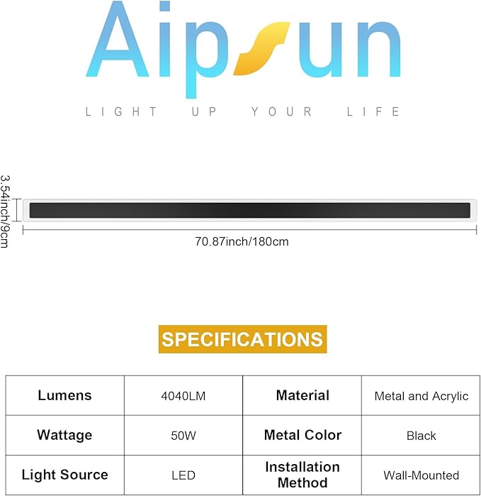 Aipsun Porch Wall Lights 71 inch Long Strip Modern Outdoor Wall Light Fixture 1 Pack, 50W Black Wall Mount Lighting Sconce Exterior Lights Wall Sconce 3000K for House Living Room Corridor