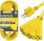 K KASONIC - 10 Ft Extension Cord with 3 Outlets, UL Listed 16/3 SJTW 3-Wire Grounded, 13A 125V 1625W for Indoor/Outdoor Use -Yellow