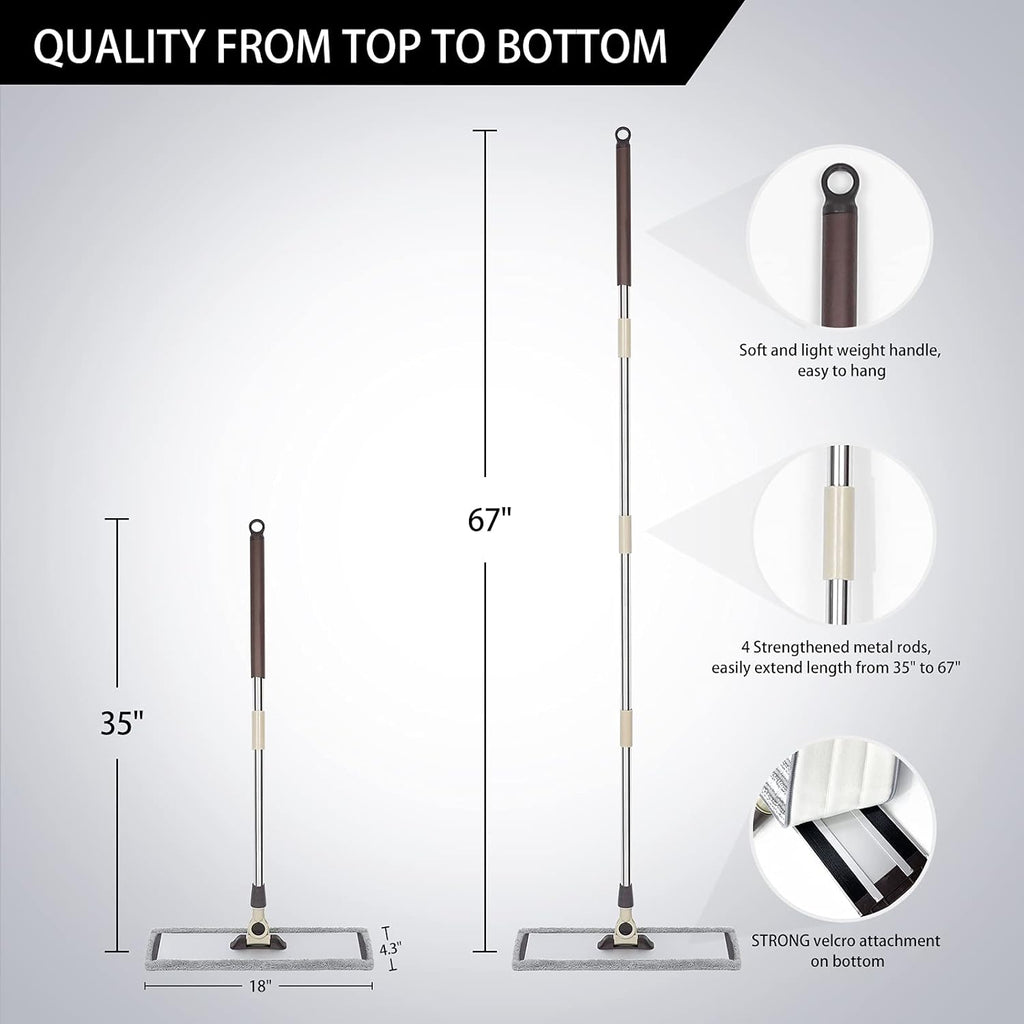 MAYSHINE 18" 360 Spin Microfiber Mop System w/ 2 Premium and 2 Standard Microfiber Pads | Use on Hardwood, Tile, Laminate, Vinyl Wet or Dry | Flat Dust Mop with 67" Extendable Steel Handle